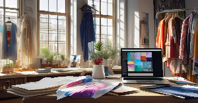 A fashion designer's workspace with colorful fabrics, sketches, and a laptop showing a forecasting tool.