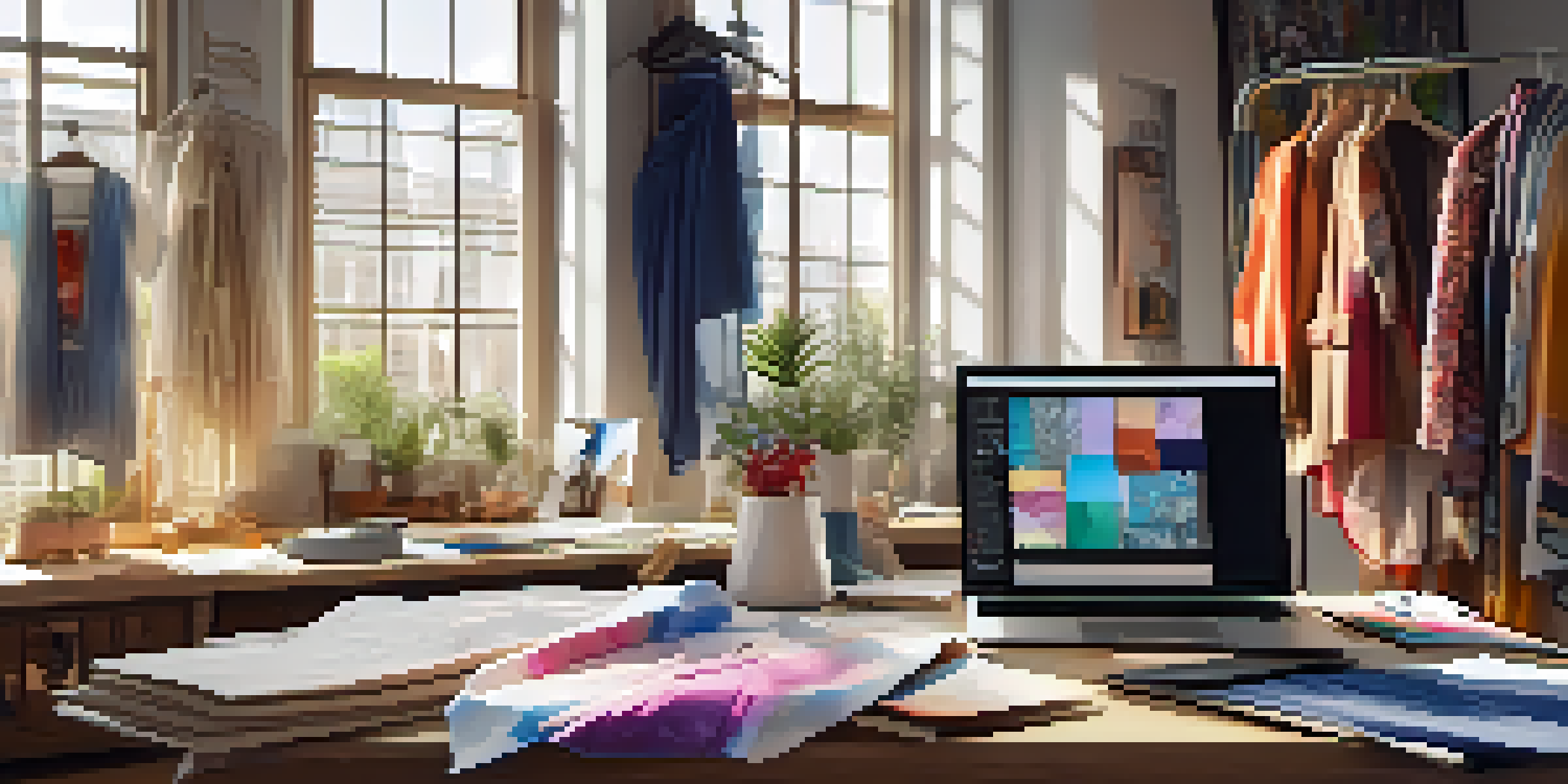 A fashion designer's workspace with colorful fabrics, sketches, and a laptop showing a forecasting tool.