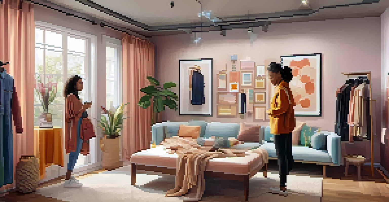A young woman using augmented reality in a cozy home setting to virtually try on clothes, with a large screen displaying AR technology.