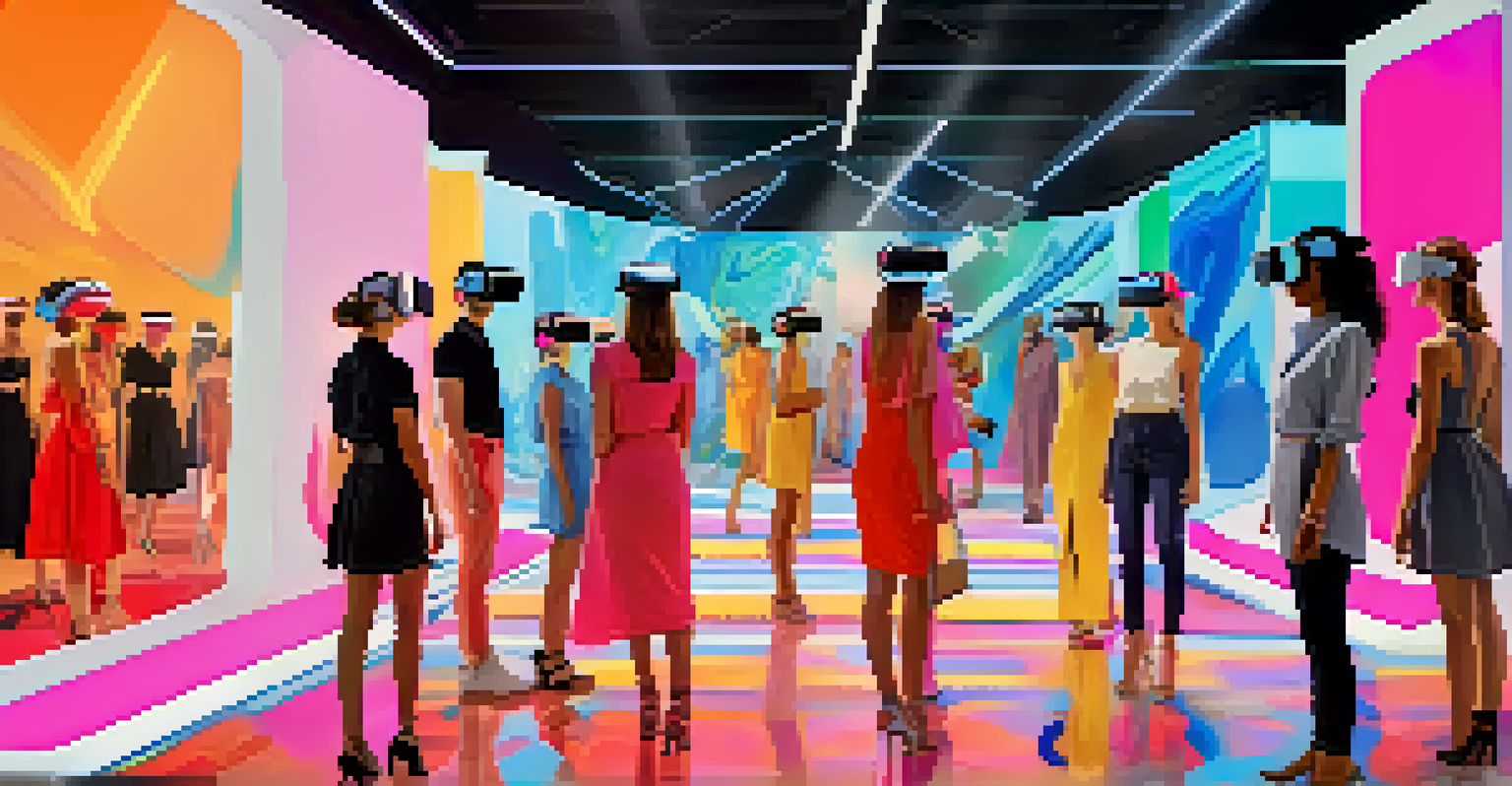 A virtual reality fashion show where shoppers are wearing VR headsets and watching models on a digital runway.