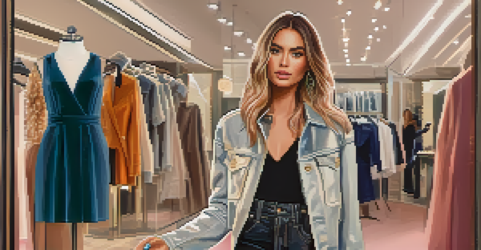 A fashion influencer taking a selfie in a stylish boutique filled with unique clothing and accessories.