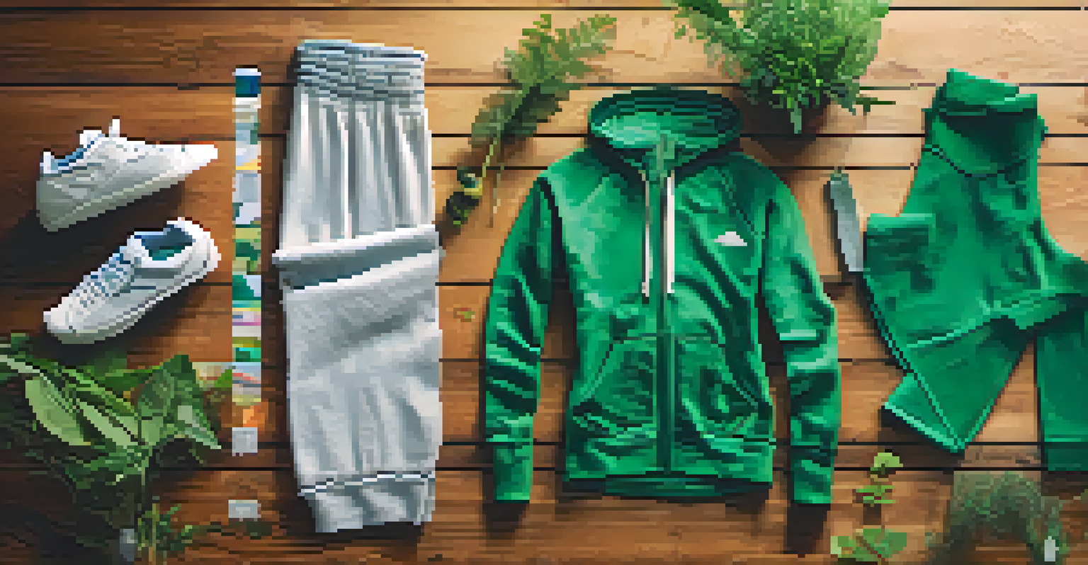 A collection of eco-friendly smart textile athletic wear arranged on a wooden background, emphasizing sustainability.