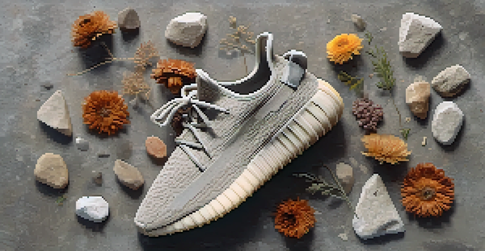 A flat lay of Yeezy sneakers surrounded by dried flowers and stones on a concrete surface.