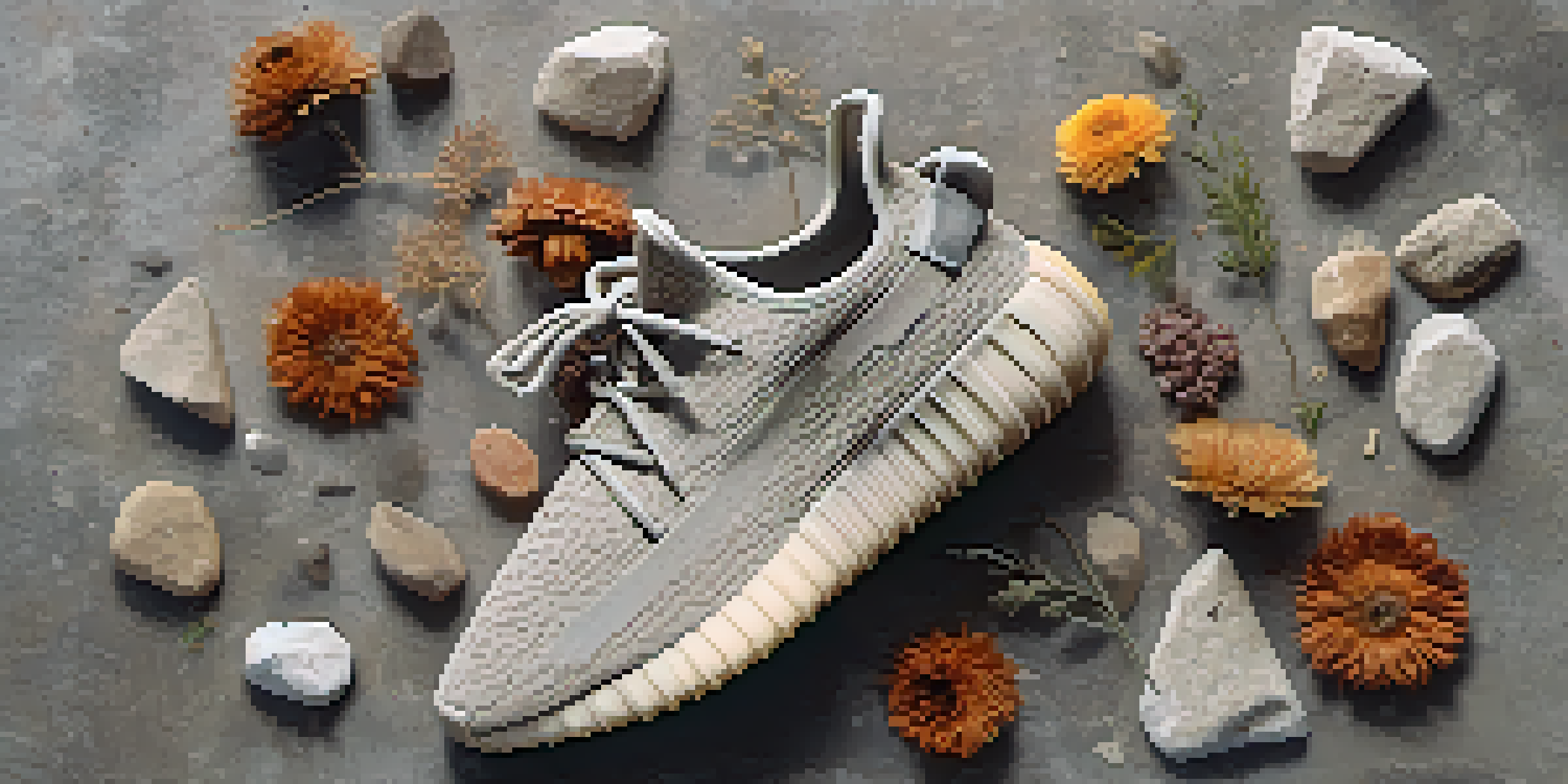 A flat lay of Yeezy sneakers surrounded by dried flowers and stones on a concrete surface.