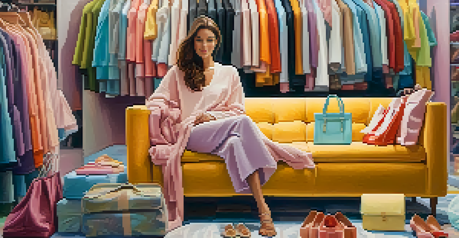A person sitting on a couch surrounded by colorful shopping bags, showcasing a cozy and happy retail therapy moment.
