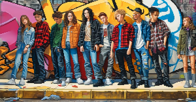 A group of young people in the 1990s wearing grunge fashion, with flannel shirts and ripped jeans, standing in front of a graffiti-covered wall.