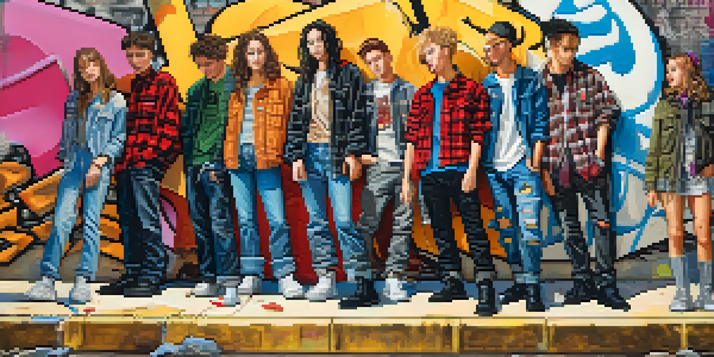 A group of young people in the 1990s wearing grunge fashion, with flannel shirts and ripped jeans, standing in front of a graffiti-covered wall.