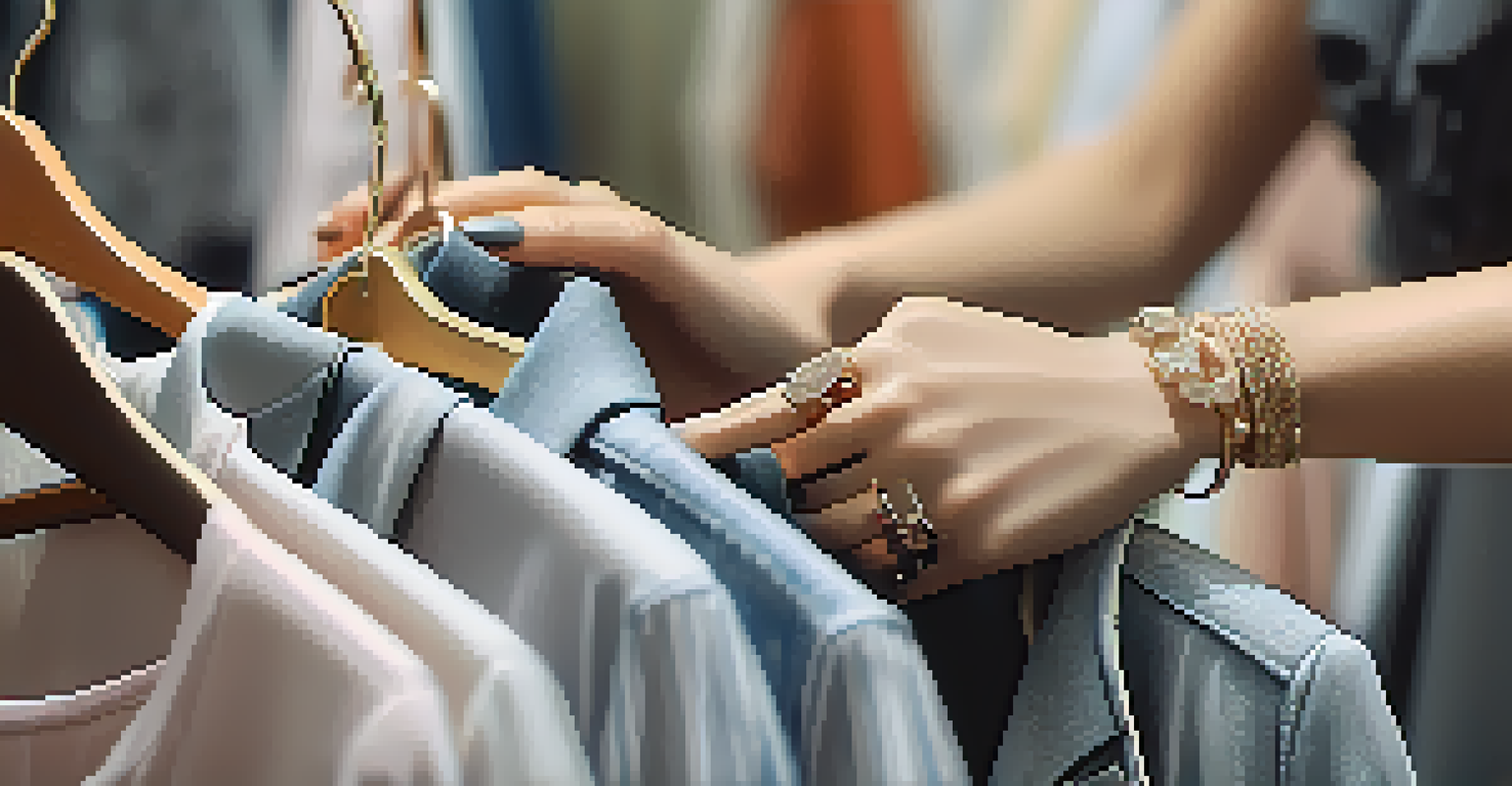Close-up of a fashion influencer's hands styling an outfit on a clothing rack, showcasing various textures and accessories.