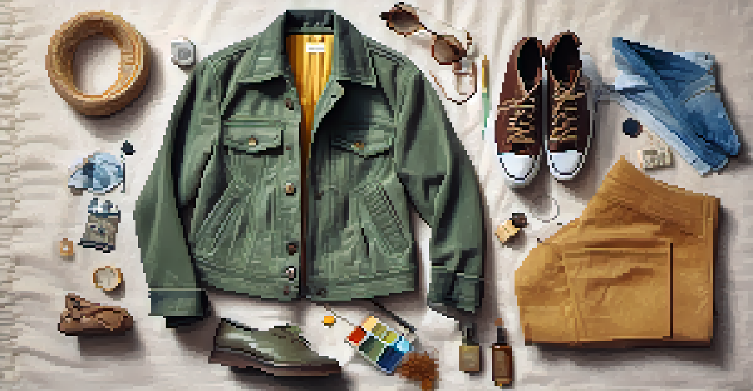 A beautiful flat lay of upcycled fashion items, including a repurposed jacket and hand-painted shoes, displayed on a textured fabric.