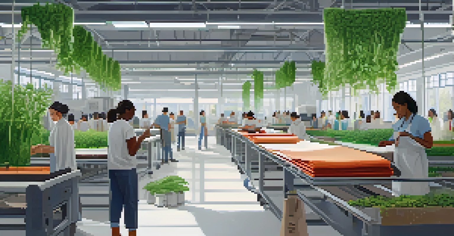 Workers in an eco-friendly fashion production line using sustainable materials, with plants and natural light in a bright setting.