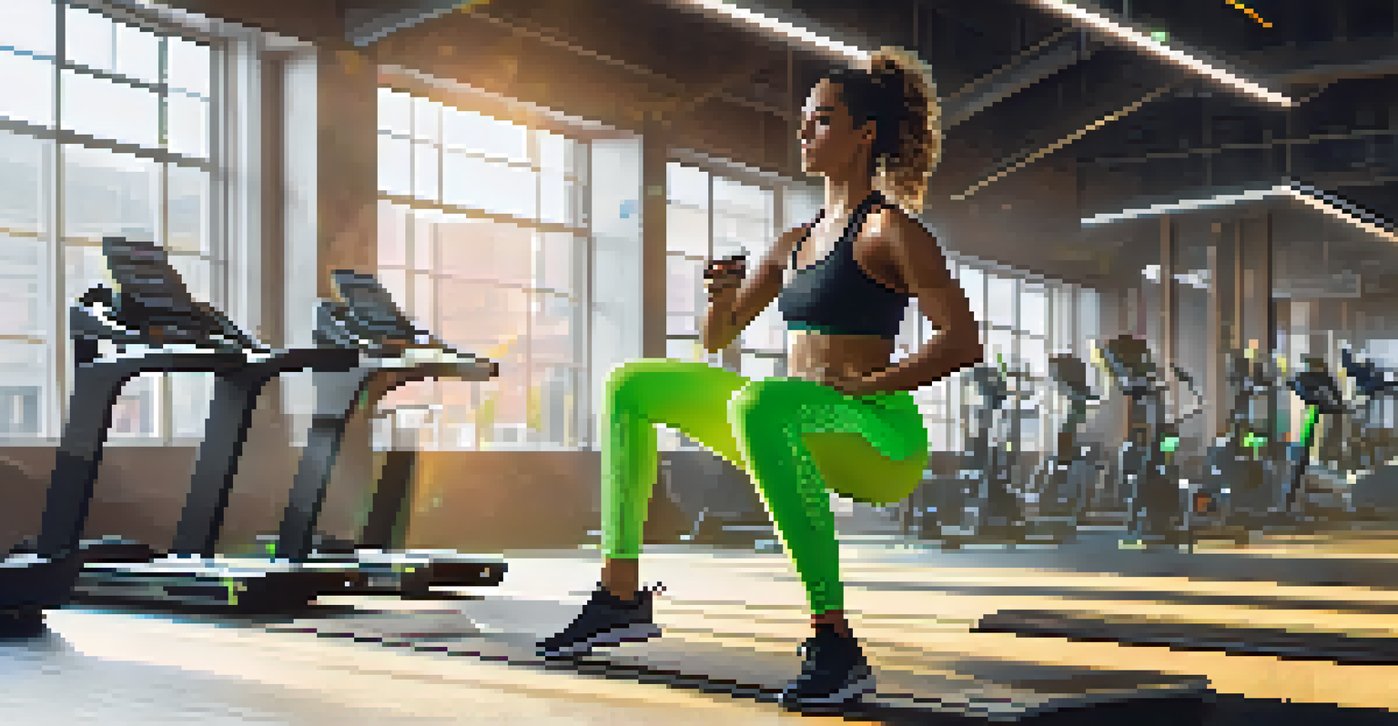 Athlete in vibrant smart leggings working out in a modern gym, with performance metrics visible on a screen, illuminated by natural light.