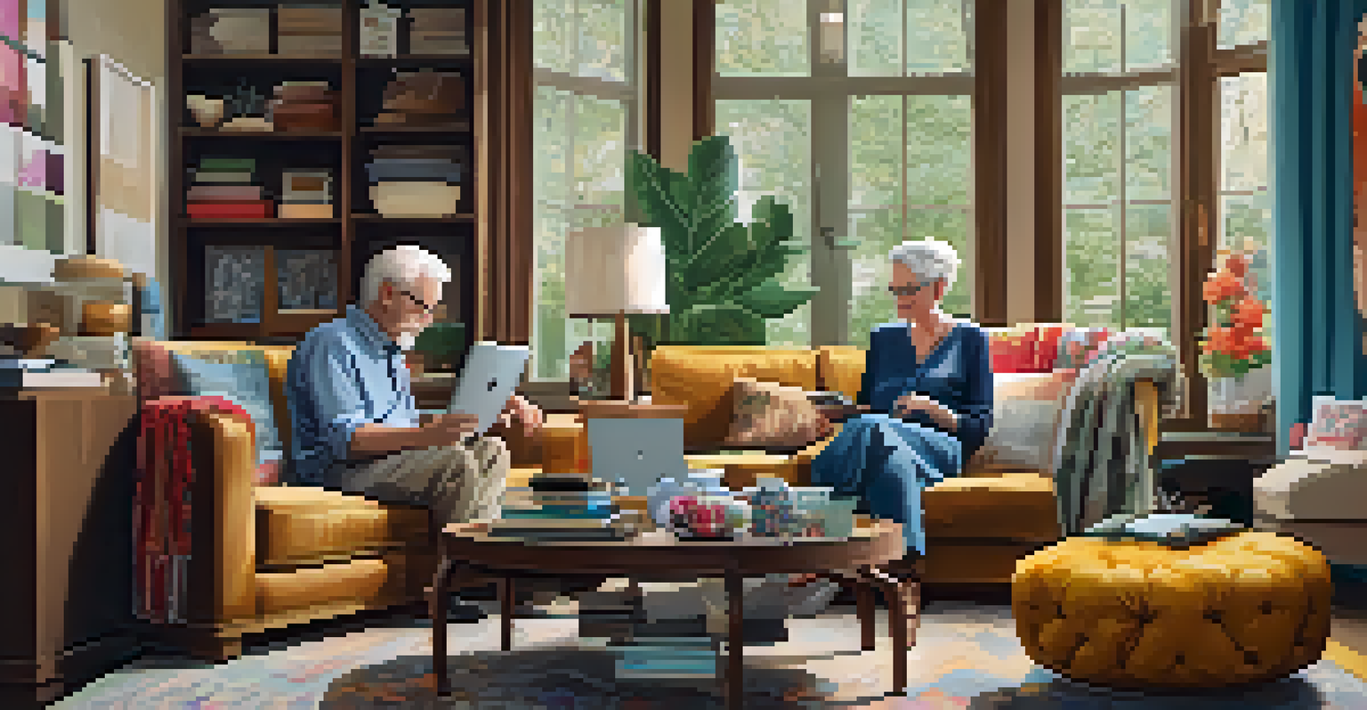 An older couple comfortably browsing fashion options on a tablet in a cozy living room filled with colorful fabrics.
