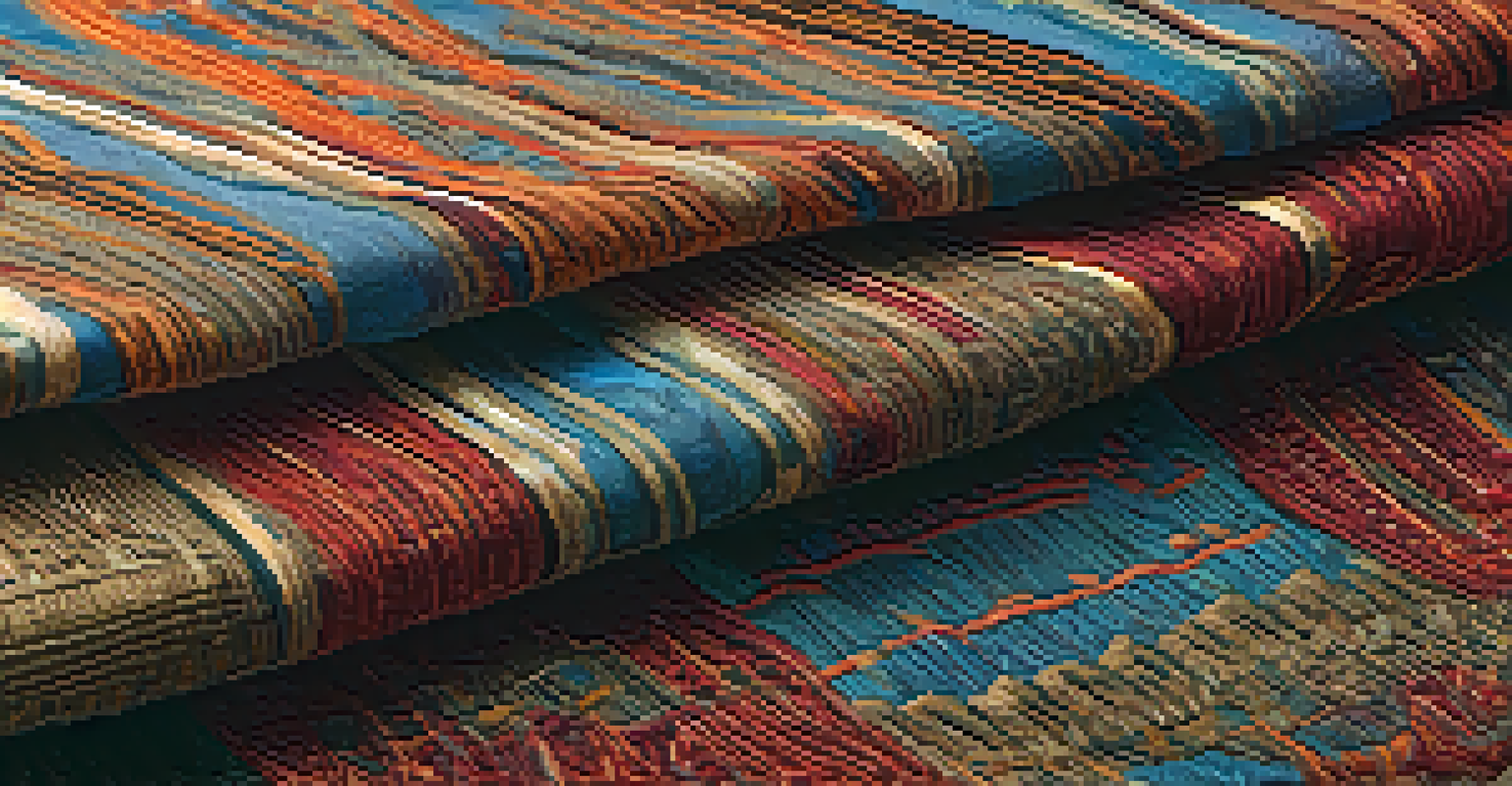 A close-up of textured fabric made from recycled materials, showcasing patterns and colors, with eco-friendly branding tags.