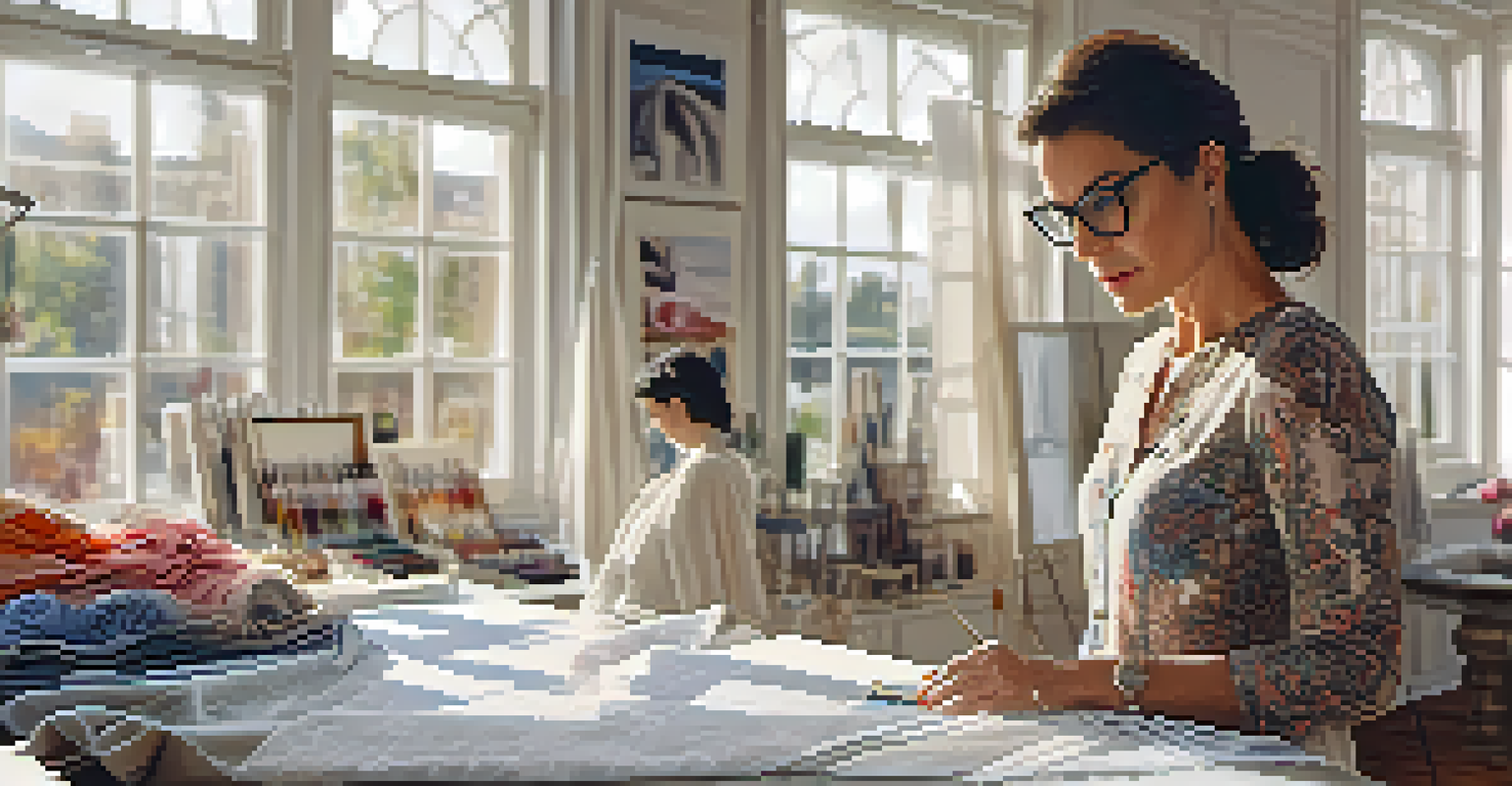 A fashion designer in a bright studio, sewing a garment on a mannequin with sketches around her.
