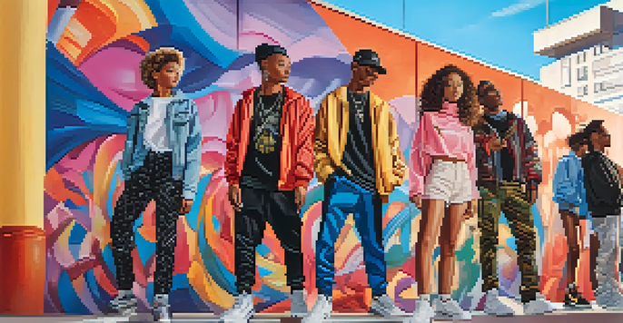 A diverse group of young people in streetwear fashion, standing in front of a colorful mural in an urban environment, illuminated by soft sunlight.