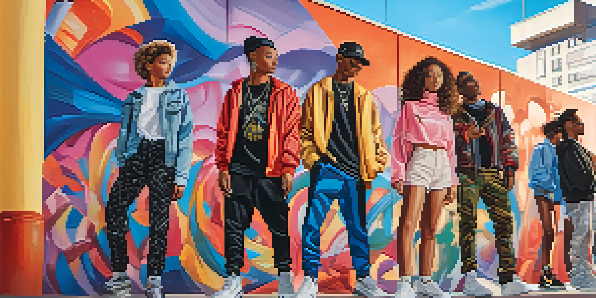 A diverse group of young people in streetwear fashion, standing in front of a colorful mural in an urban environment, illuminated by soft sunlight.