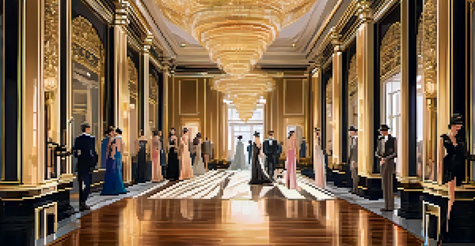 A 1920s ballroom fashion runway with models in luxurious gowns inspired by 'The Great Gatsby,' illuminated by golden chandeliers.