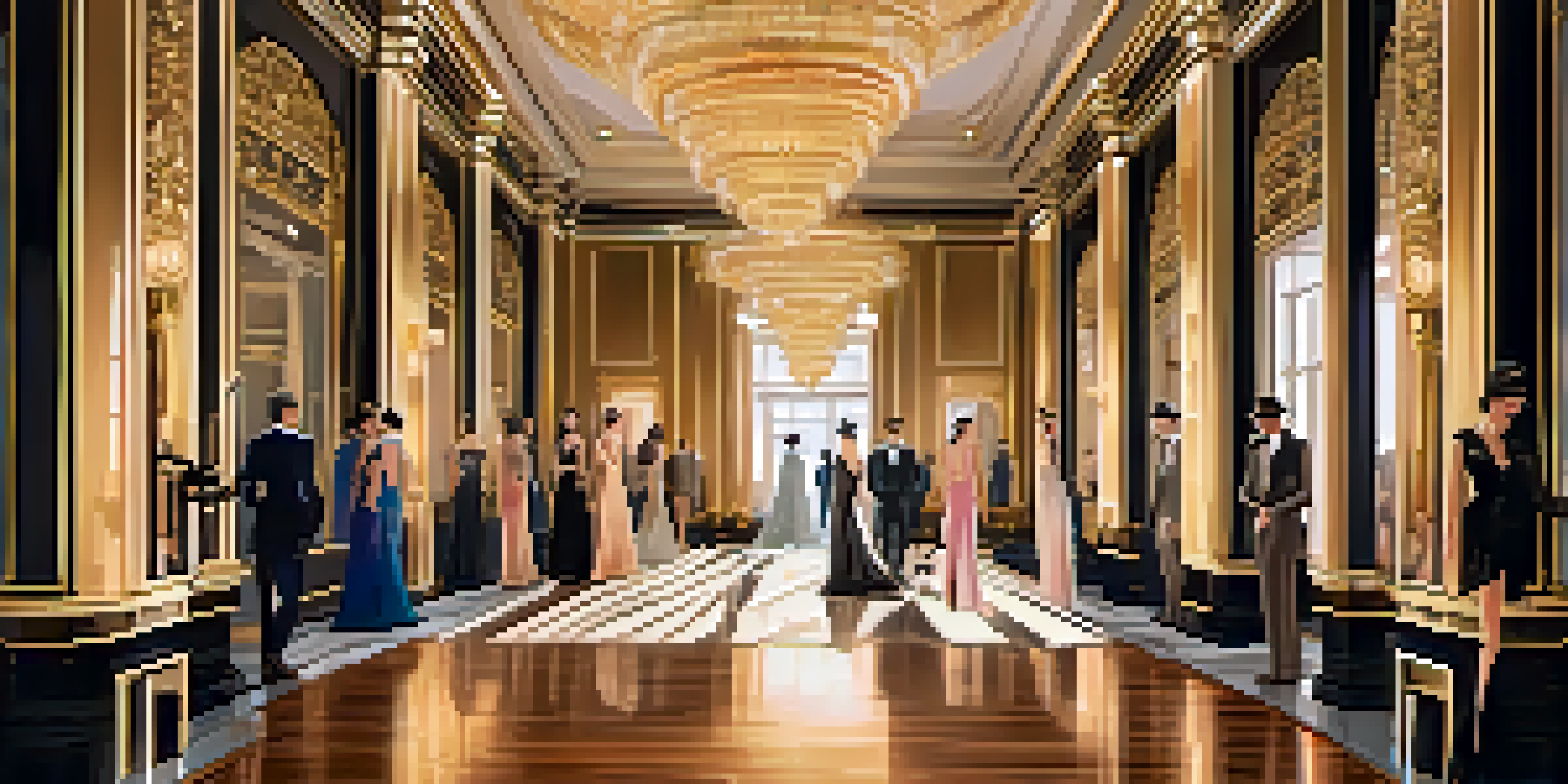 A 1920s ballroom fashion runway with models in luxurious gowns inspired by 'The Great Gatsby,' illuminated by golden chandeliers.