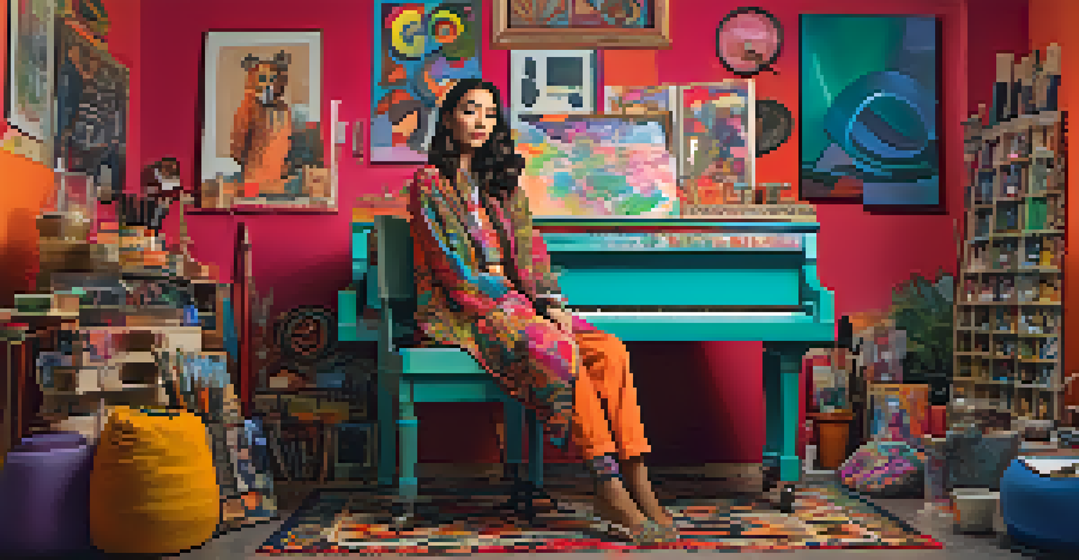 A creative person wearing an eclectic outfit in a colorful art studio.