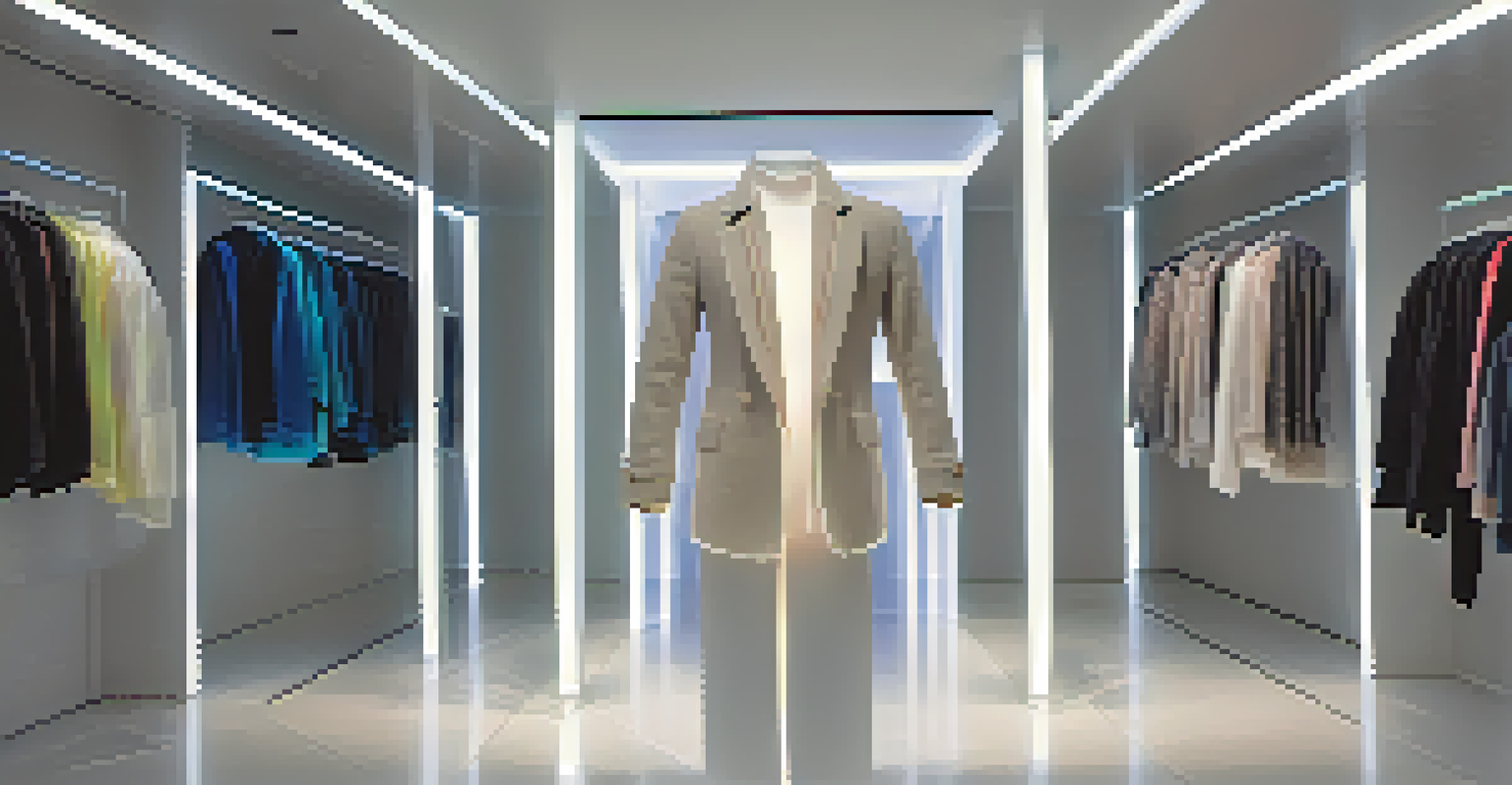 A stylish smart fabric jacket on a mannequin in a boutique, illuminated with changing LED lights against a minimalist background.