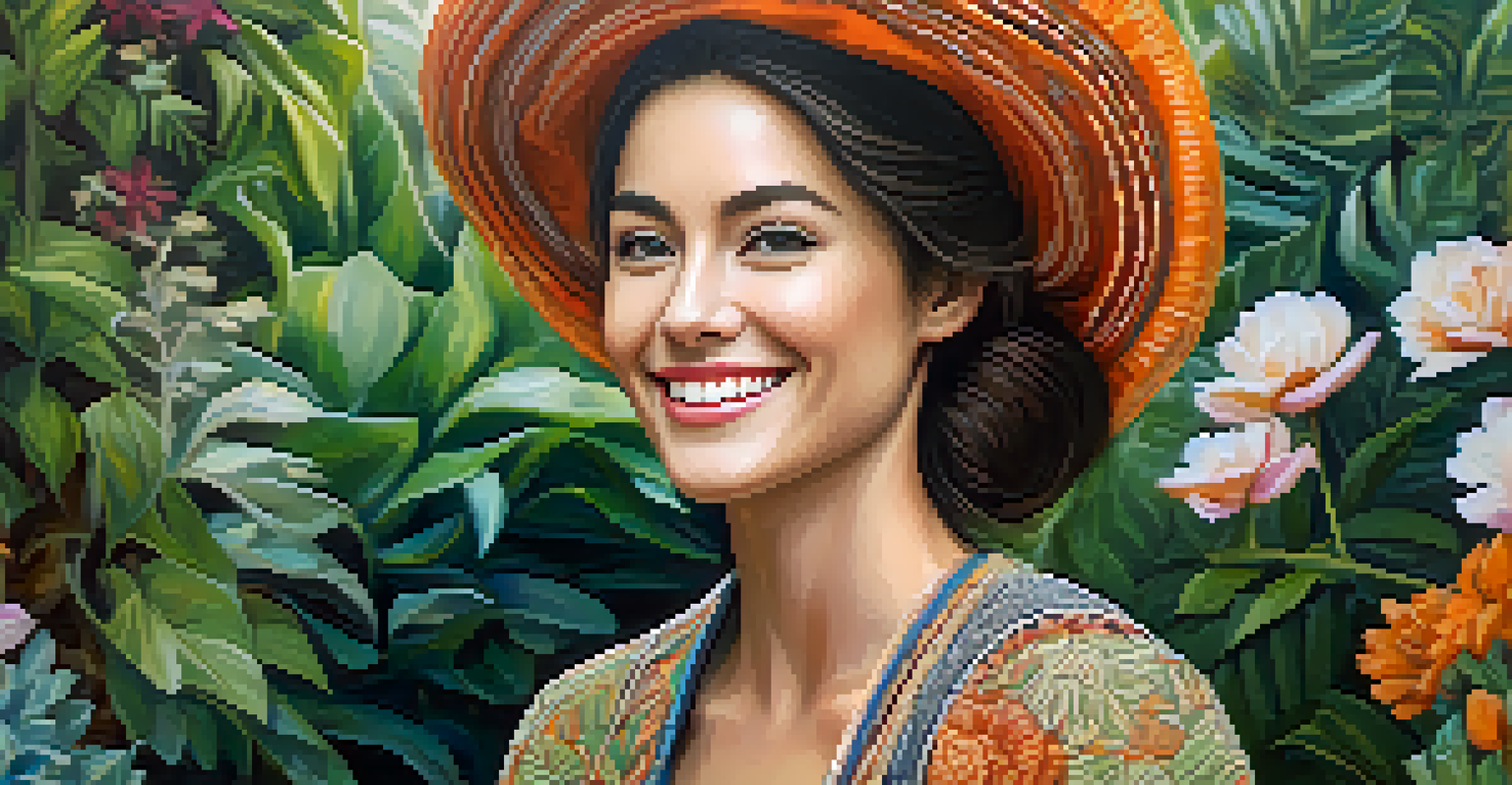A joyful woman in a detailed ethical fashion outfit, surrounded by a beautiful garden.