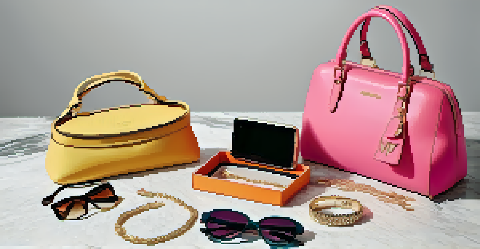 An overhead view of a handbag on a countertop with accessories and a sign for a flash sale.