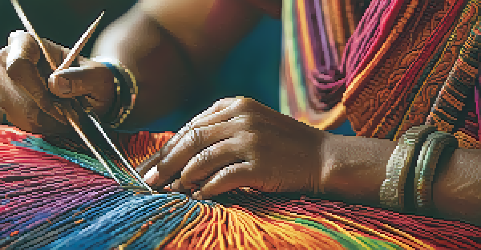 An artisan's hands weaving colorful threads into a traditional textile, surrounded by vibrant fabrics and tools.