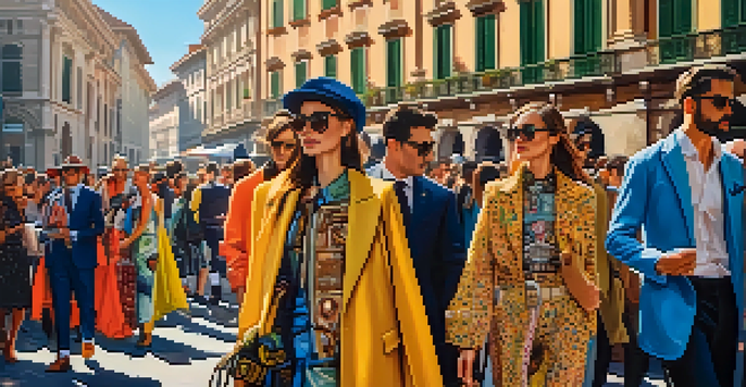 A busy street during Milan Fashion Week, with a diverse group of people in stylish outfits and historic buildings in the background.