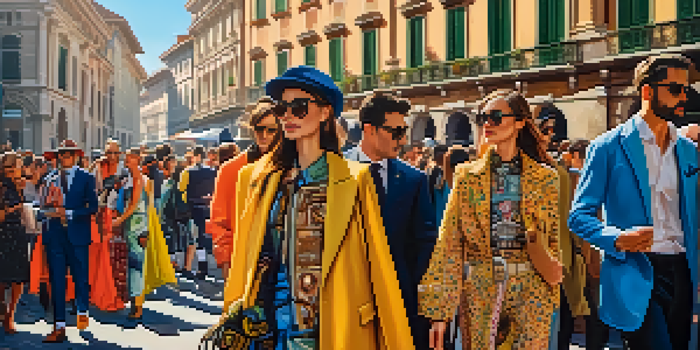 A busy street during Milan Fashion Week, with a diverse group of people in stylish outfits and historic buildings in the background.