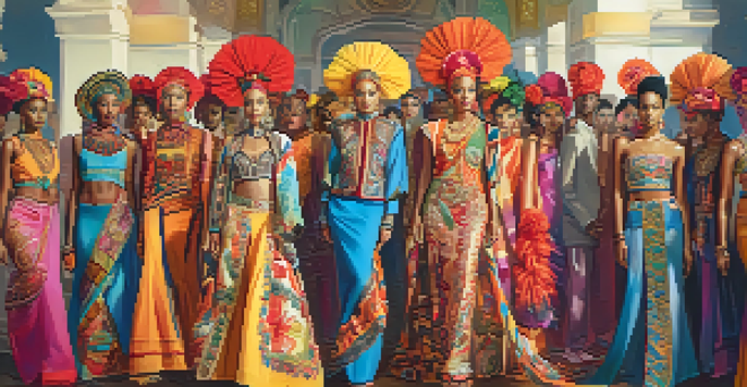 A diverse group of models on a runway wearing colorful and culturally inspired outfits, with a lively audience and soft lighting.