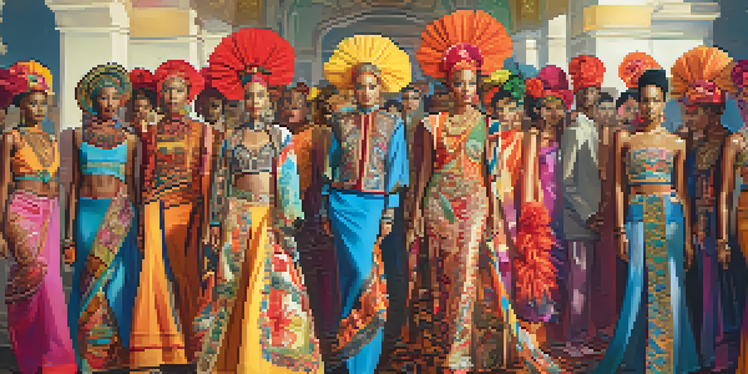 A diverse group of models on a runway wearing colorful and culturally inspired outfits, with a lively audience and soft lighting.