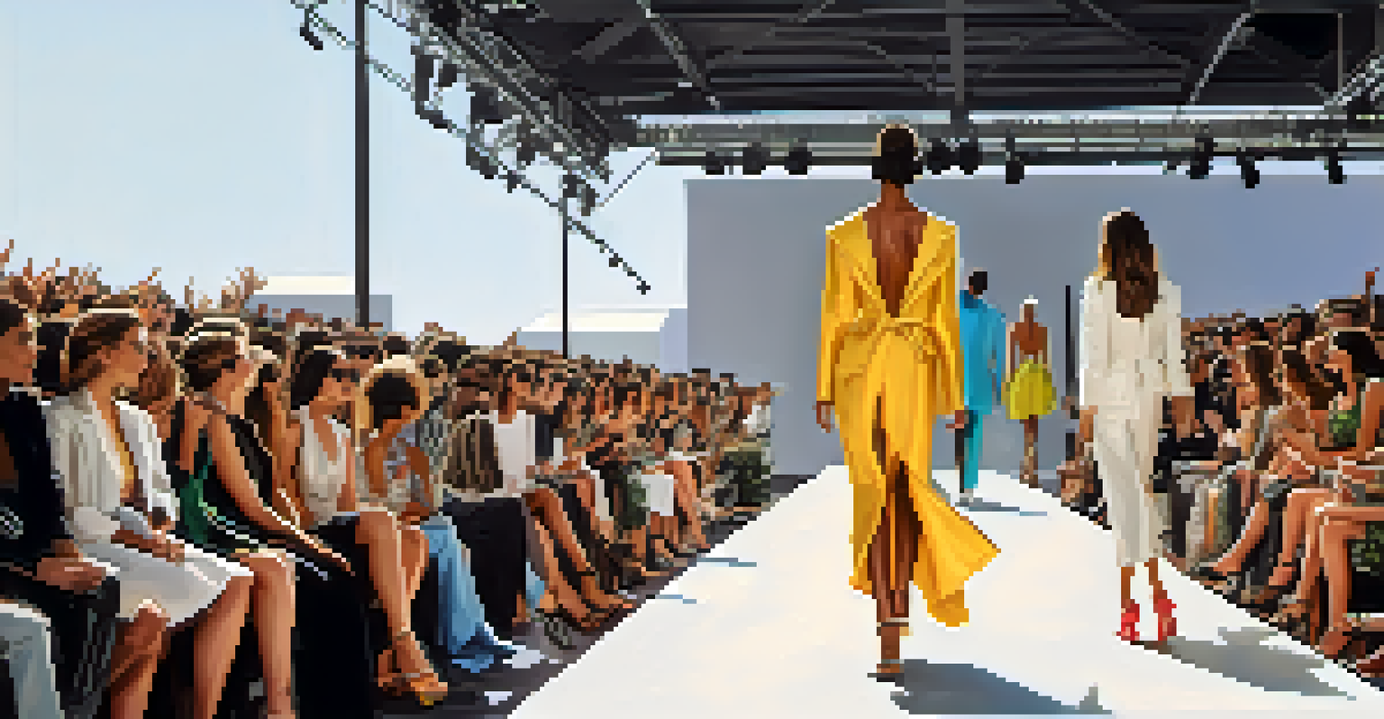 Models walking down a runway at an outdoor fashion event, surrounded by photographers and an audience in a modern urban setting.