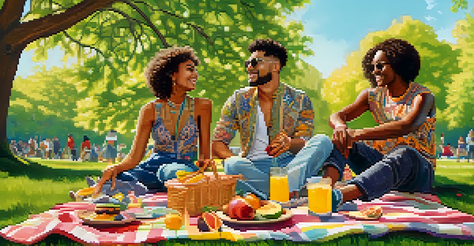 A group of friends of different ethnicities and genders enjoying a colorful picnic in a park, showcasing a variety of fashion styles.