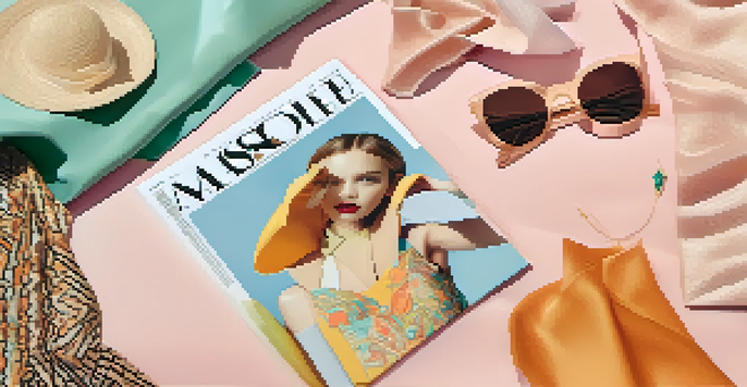 A flat lay of a fashion magazine open to a colorful editorial spread, showcasing a designer dress and pastel accessories in soft natural lighting.