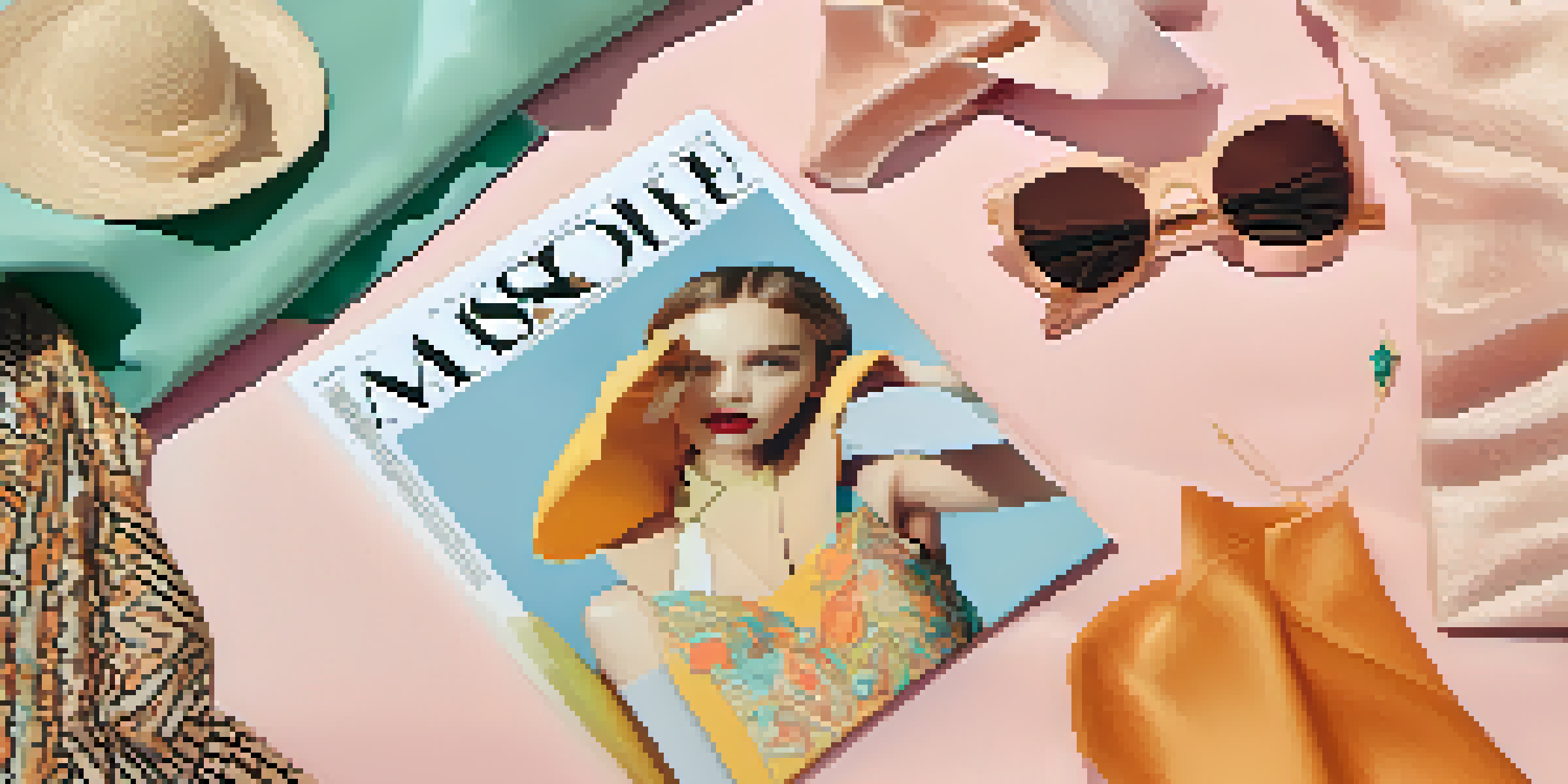 A flat lay of a fashion magazine open to a colorful editorial spread, showcasing a designer dress and pastel accessories in soft natural lighting.