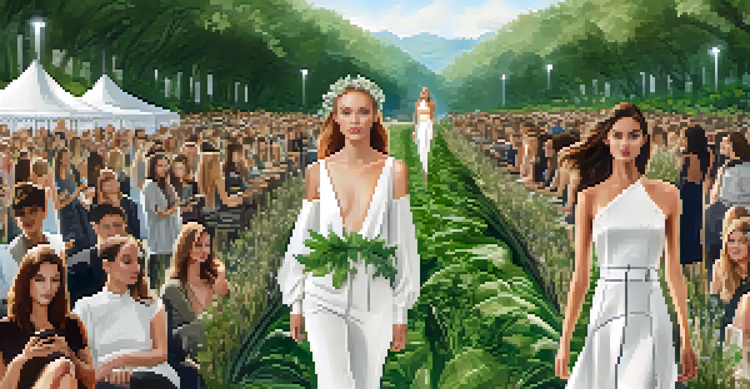 A fashion runway event featuring models in sustainable clothing surrounded by plants, highlighting eco-friendly designs.