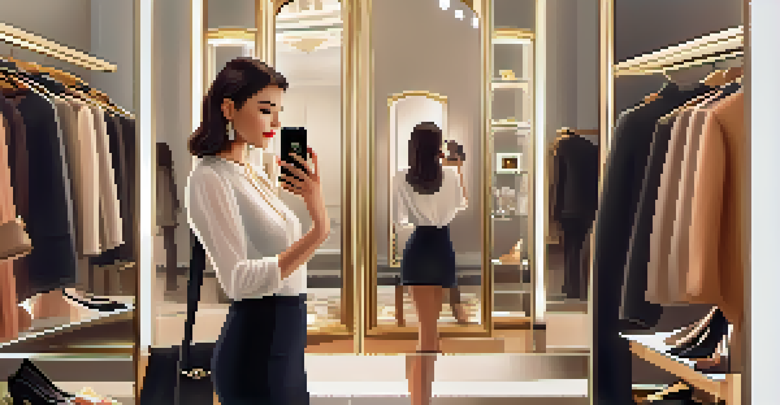 A fashionable person taking a selfie in a mirror, surrounded by a stylish dressing room filled with fashion magazines and accessories.