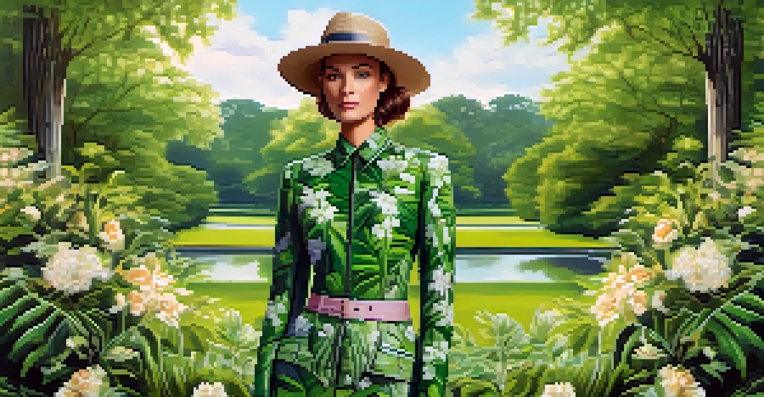 A model in a vibrant outfit made from recycled materials poses confidently in a green park setting.