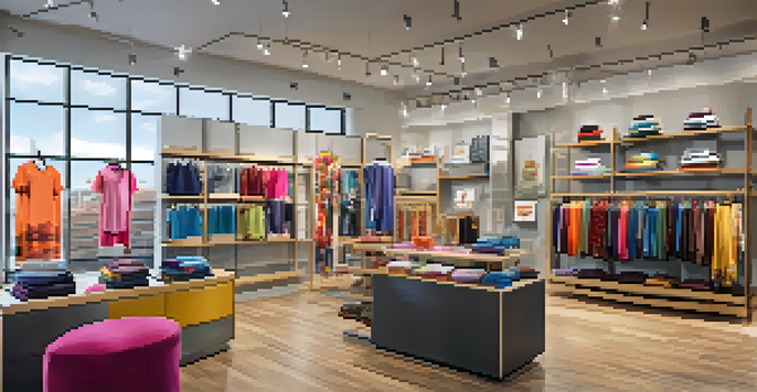 A colorful clothing store with customizable apparel displays and design tools, illuminated by natural light.