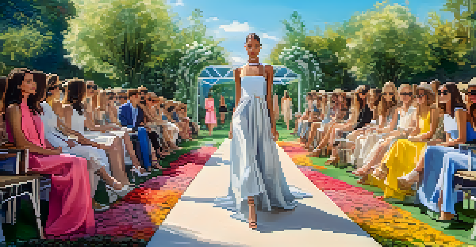 Models in eco-friendly clothing walking on a runway in a beautiful garden setting.