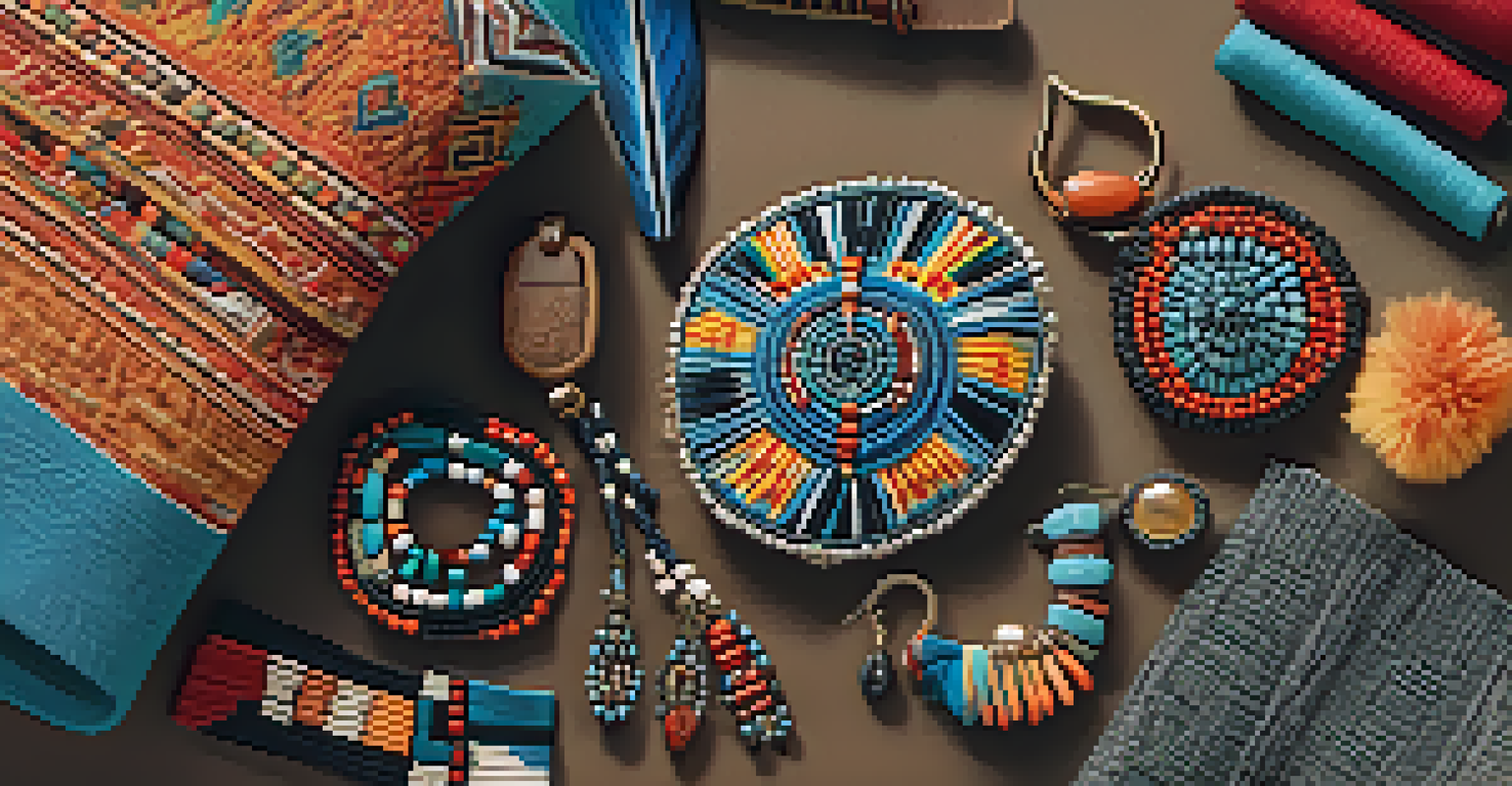 A flat lay of various cultural fashion accessories on a textured fabric, including a beaded necklace, an obi belt, and tribal earrings.