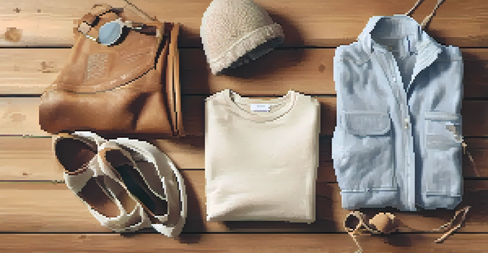 A flat lay of eco-friendly fashion items including organic cotton clothing and recycled accessories on a wooden surface.
