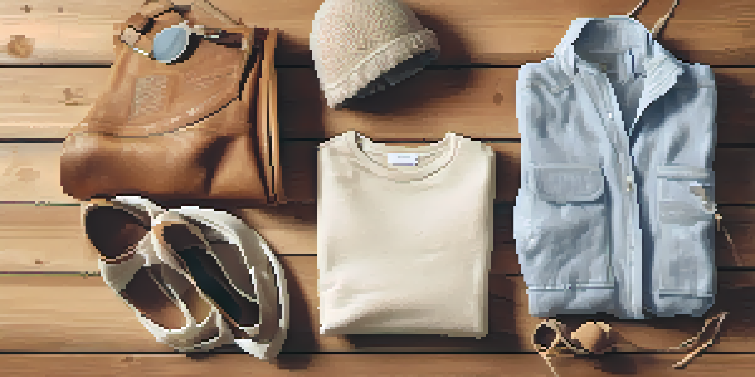 A flat lay of eco-friendly fashion items including organic cotton clothing and recycled accessories on a wooden surface.