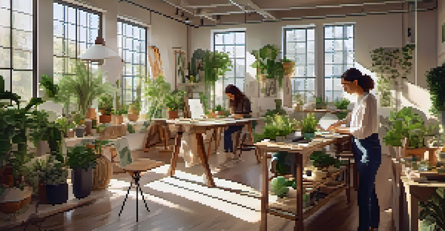 A designer in a sunlit studio surrounded by plants and sustainable materials, working on eco-friendly fashion designs.