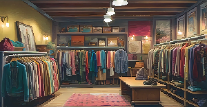 Interior of a cozy thrift store showcasing colorful second-hand clothing with warm lighting and a vintage mirror.