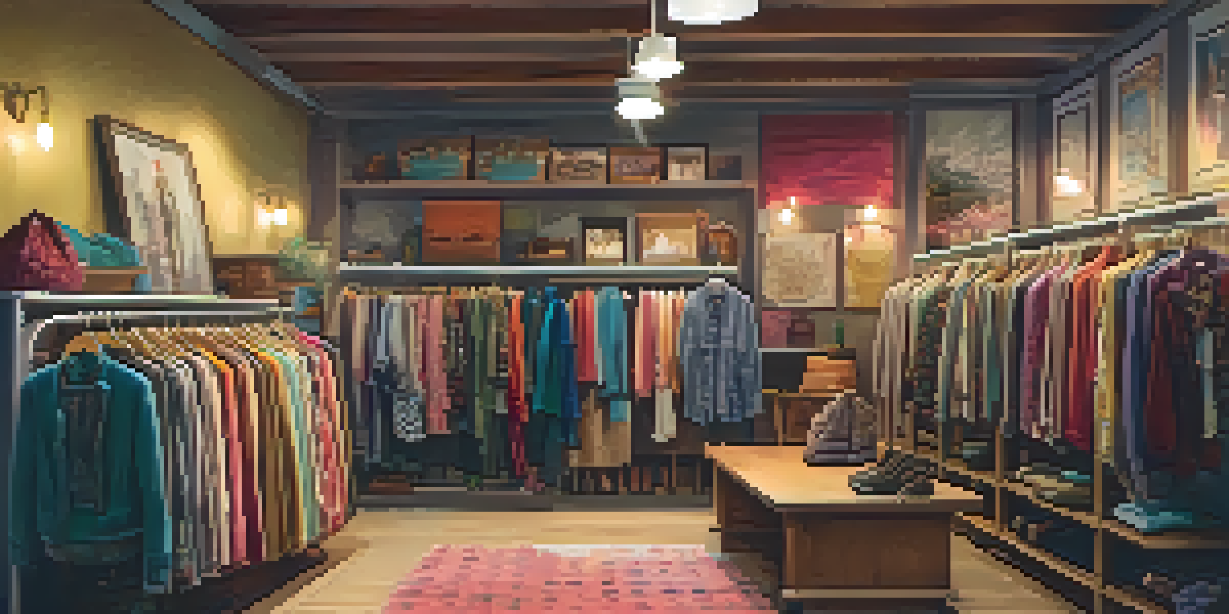 Interior of a cozy thrift store showcasing colorful second-hand clothing with warm lighting and a vintage mirror.