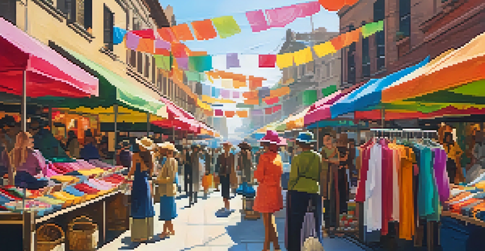 A lively street market filled with diverse people exploring colorful fashion items and vendors under warm sunlight.