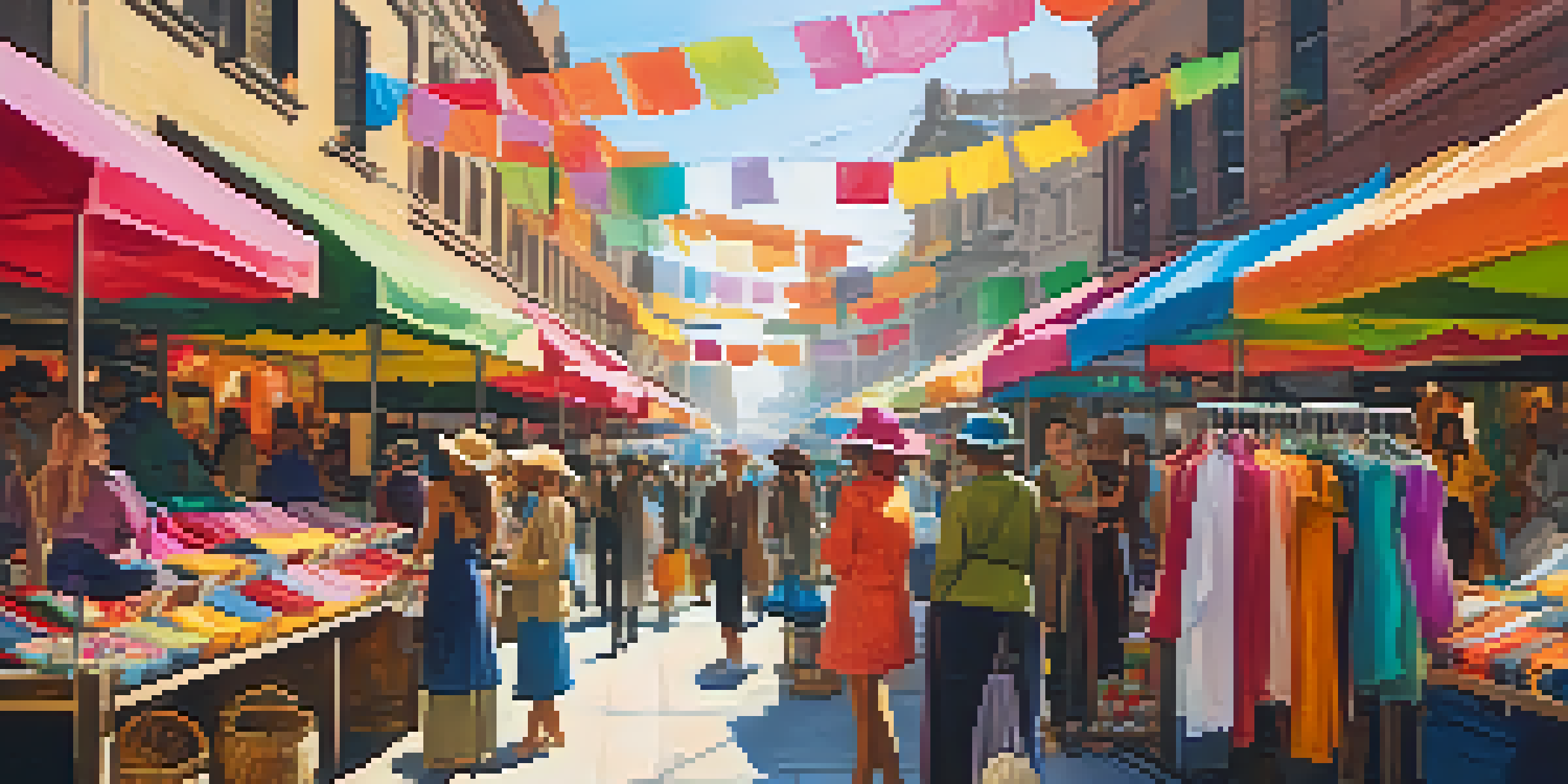 A lively street market filled with diverse people exploring colorful fashion items and vendors under warm sunlight.