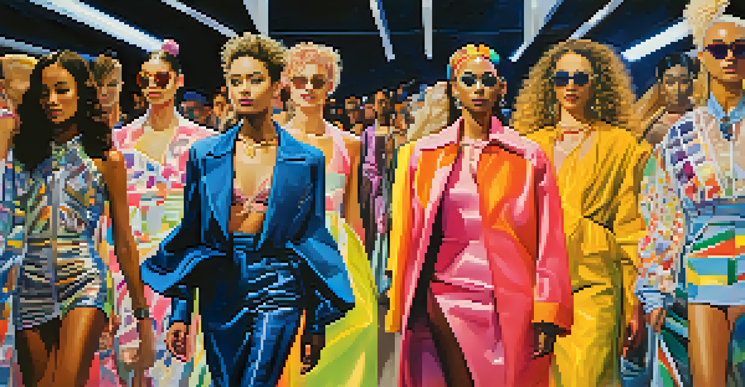 Models of various gender identities on a fashion runway, showcasing innovative designs with colorful spotlights and an admiring audience.