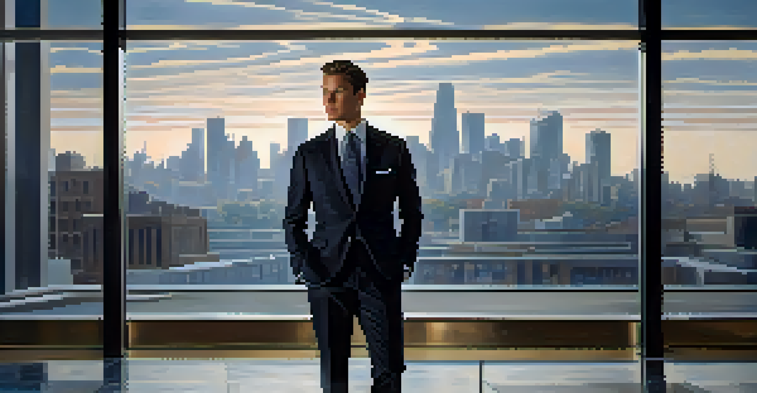 A confident individual in a tailored suit standing in front of a blurred city skyline, showcasing empowerment.